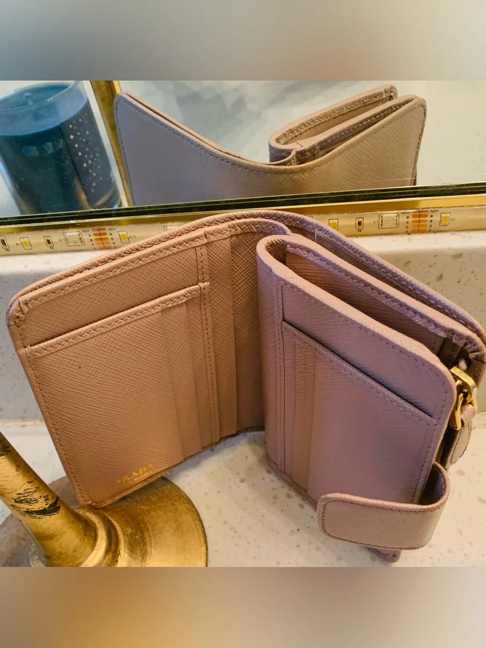 Authentic Prada Small Tan Saffiano Leather Wallet with Gold Logo
